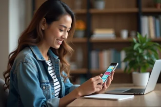 Jeune femme concentrée sur son smartphone avec une app de capitales US