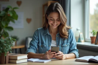 Jeune femme en denim vérifiant une app sur son smartphone