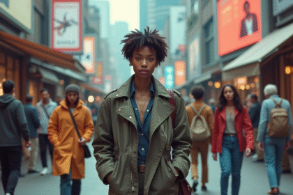 Jeune femme en streetwear futuriste dans une place urbaine