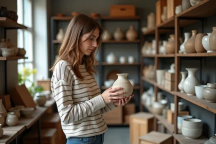 Jeune femme examine un vase en céramique vintage dans une boutique