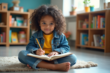 Jeune fille de 8 ans dessinant dans un cahier en classe