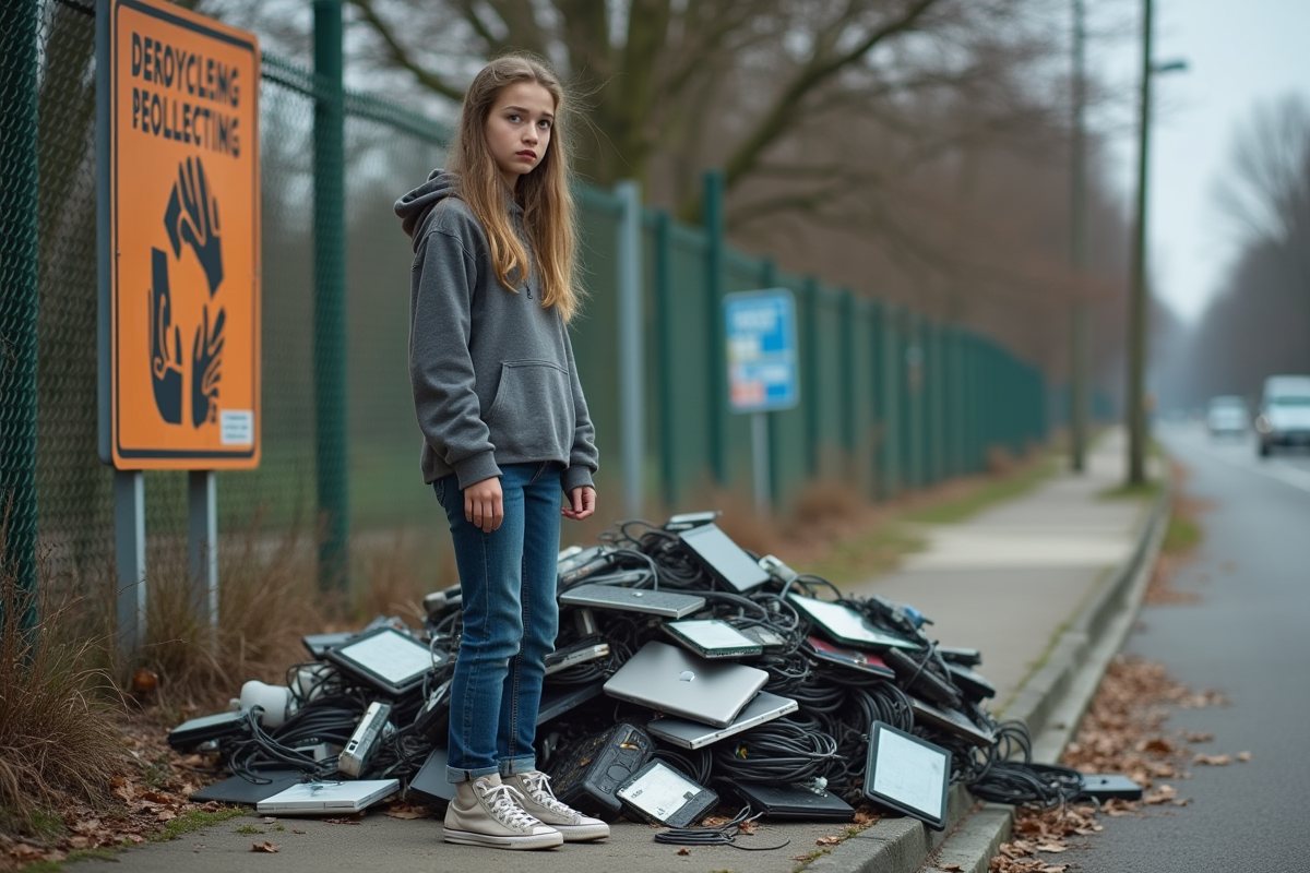 Jeune fille inquiète près de déchets électroniques recyclés