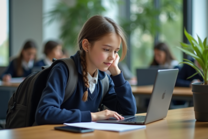 Jeune fille en uniforme scolaire concentrée sur son ordinateur dans un espace moderne