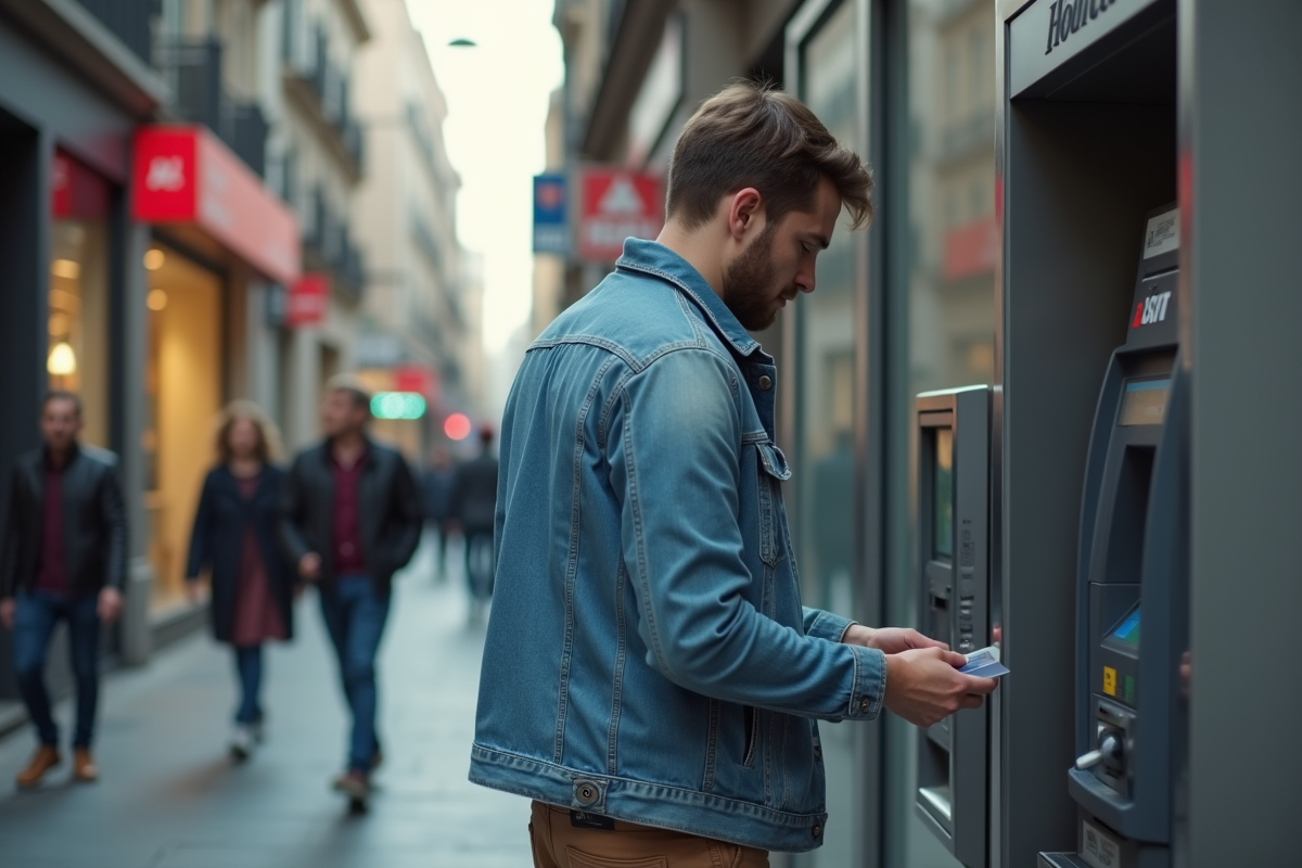 Jeune homme hésitant devant un distributeur automatique