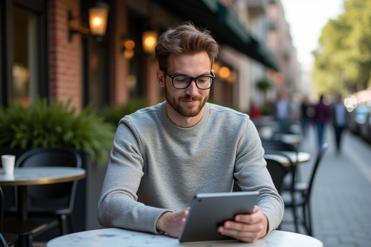 Jeune homme analysant des graphiques SEO sur une tablette en extérieur
