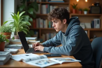 Jeune homme concentré sur son ordinateur à la maison