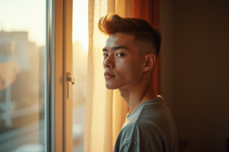 Jeune homme avec coupe Inoxtag près d'une fenêtre en lumière naturelle