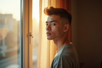 Jeune homme avec coupe Inoxtag près d'une fenêtre en lumière naturelle