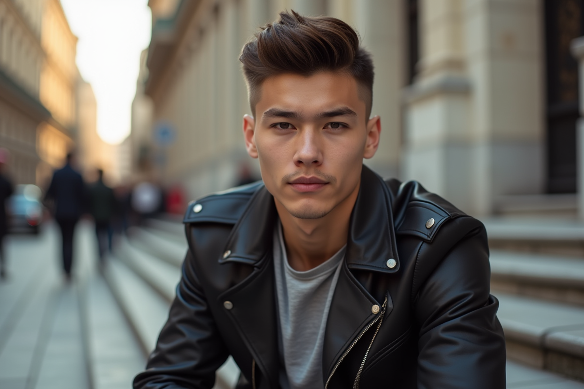 Jeune homme avec coupe Inoxtag assis sur les marches en ville en lumière dorée