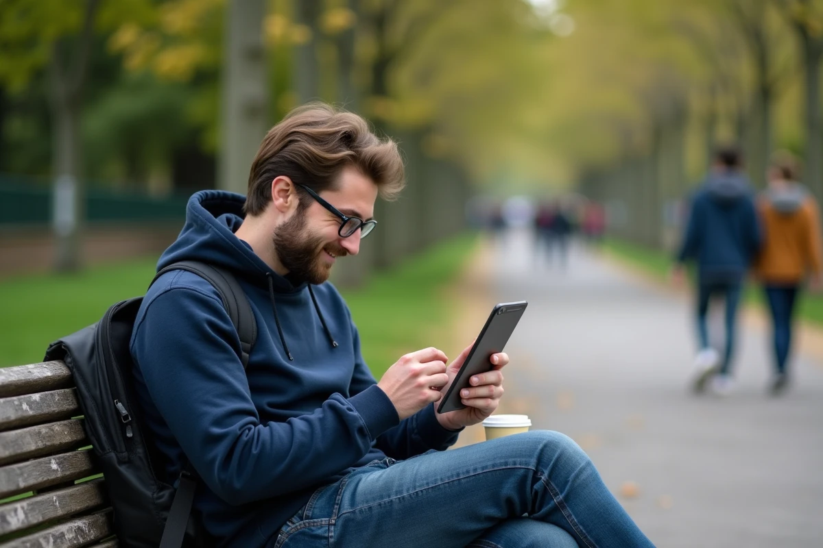 Jeune homme jouant à Monopoly GO sur sa tablette dans un parc