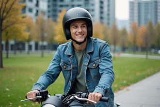 Jeune homme en denim et casque sur moto urbaine