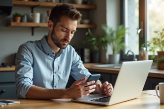 Jeune homme utilisant une application bancaire sur son smartphone dans la cuisine