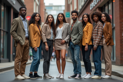 Groupe de jeunes adultes en mode mixte dans la rue urbaine