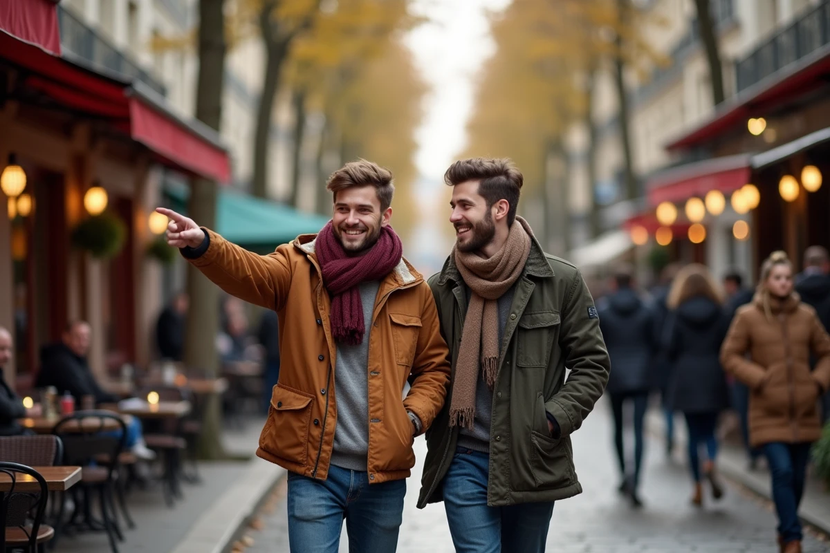 Deux jeunes hommes discutant sur le boulevard Saint-Germain