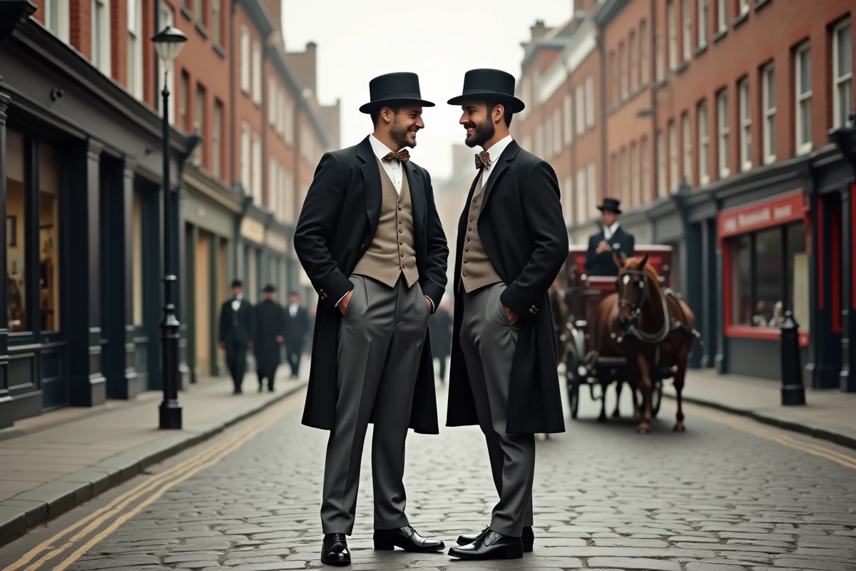 Deux jeunes hommes discutant dans une rue 1900