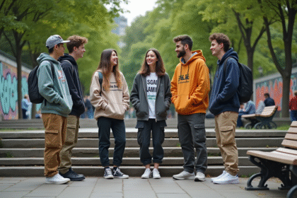 Groupe de jeunes décontractés discutant en ville