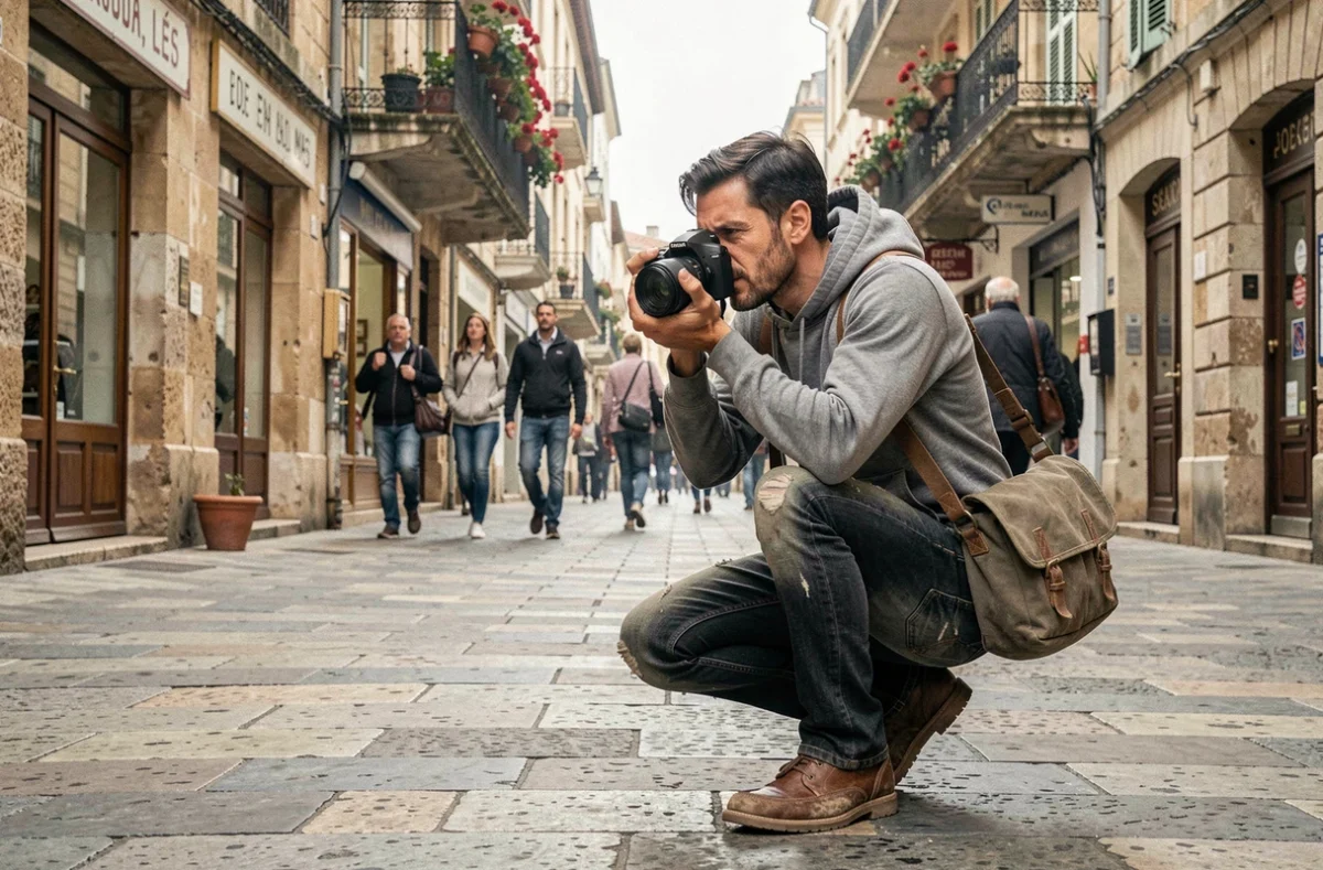 Photographe de rue et de portrait en train de shooter dans une ruelle historique de Nîmes