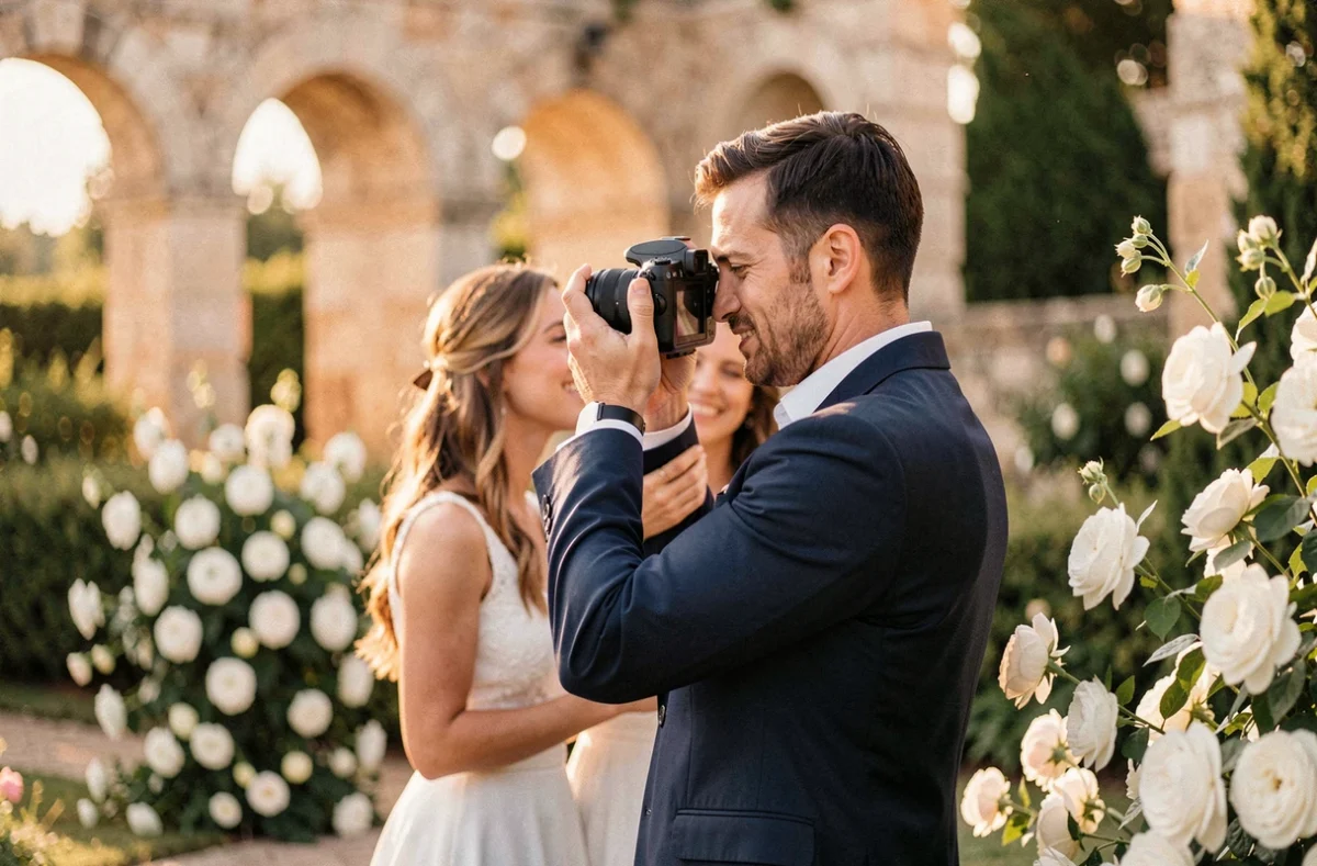 Photographe de mariage et portrait en action lors d'une cérémonie romantique près de Nîmes