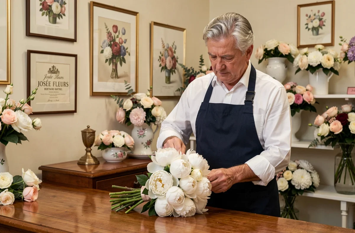 Fleuriste Josée Fleurs Bertrand Barthel assemblant un bouquet nuptial de pivoines blanches et roses