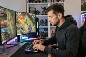 Joueur adulte concentré sur un jeu de stratégie médiévale Age of Empires 4 à son bureau gaming avec double écran
