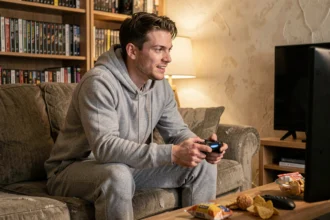 Joueur adulte concentré tenant une manette de jeu vidéo dans un salon cosy, illustrant le temps de jeu et la valeur d'un jeu comme Split Fiction