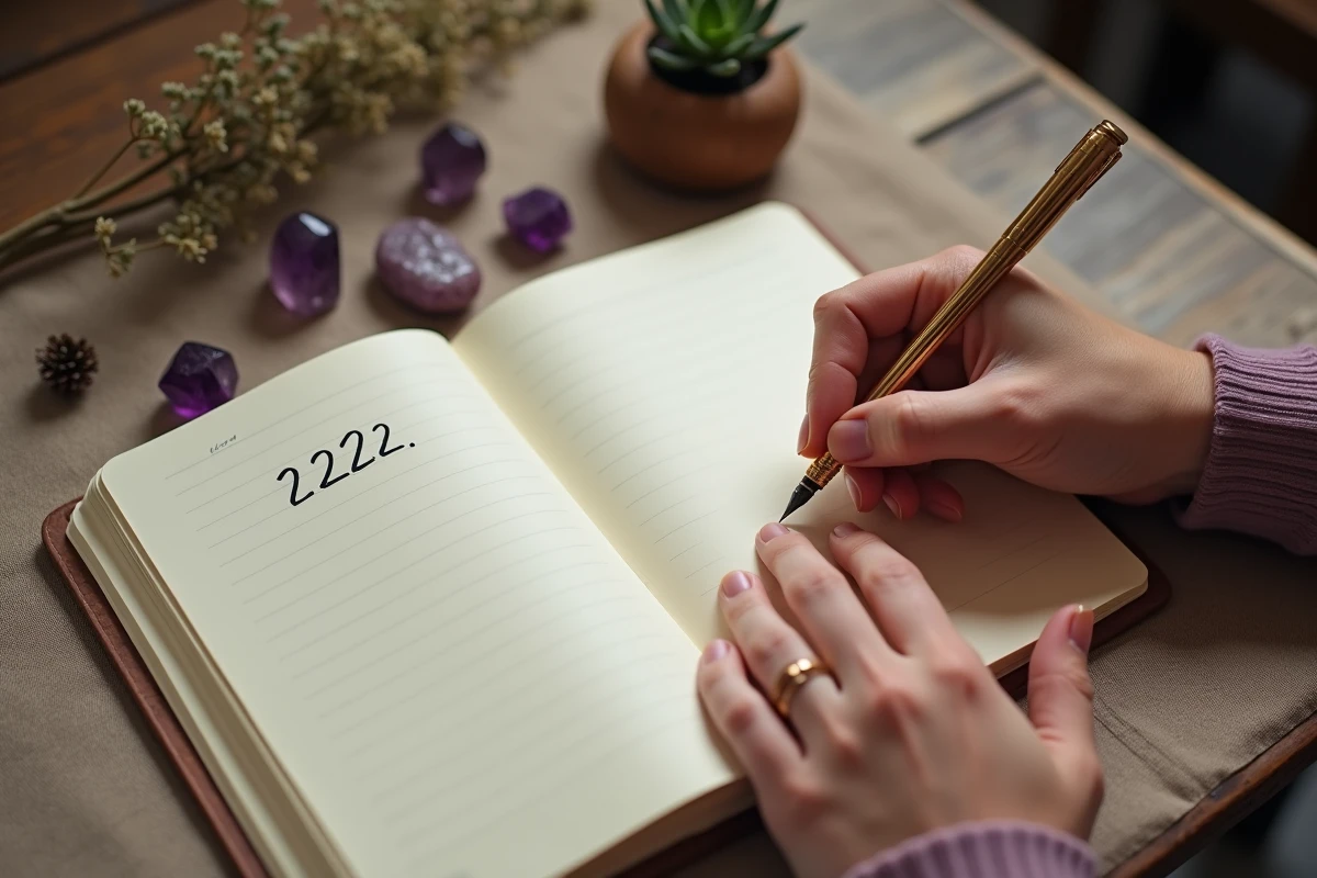 Mains écrivant le nombre 2222 dans un journal spirituel entouré de cristaux d'améthyste, symbole de la mission d'âme et de la signification angélique des flammes jumelles