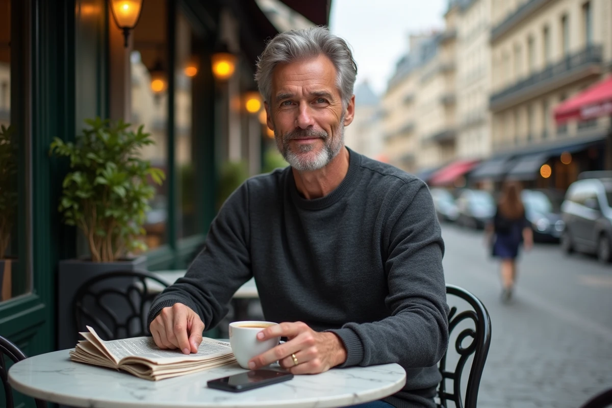 Homme journaliste détendu en pull gris prenant un café en terrasse parisienne avec journal et smartphone posé sur une table en marbre