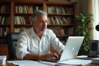 Journaliste homme dans la cinquantaine consulte sa fiche Wikipedia sur un ordinateur portable dans un bureau à domicile entouré de livres et de documents