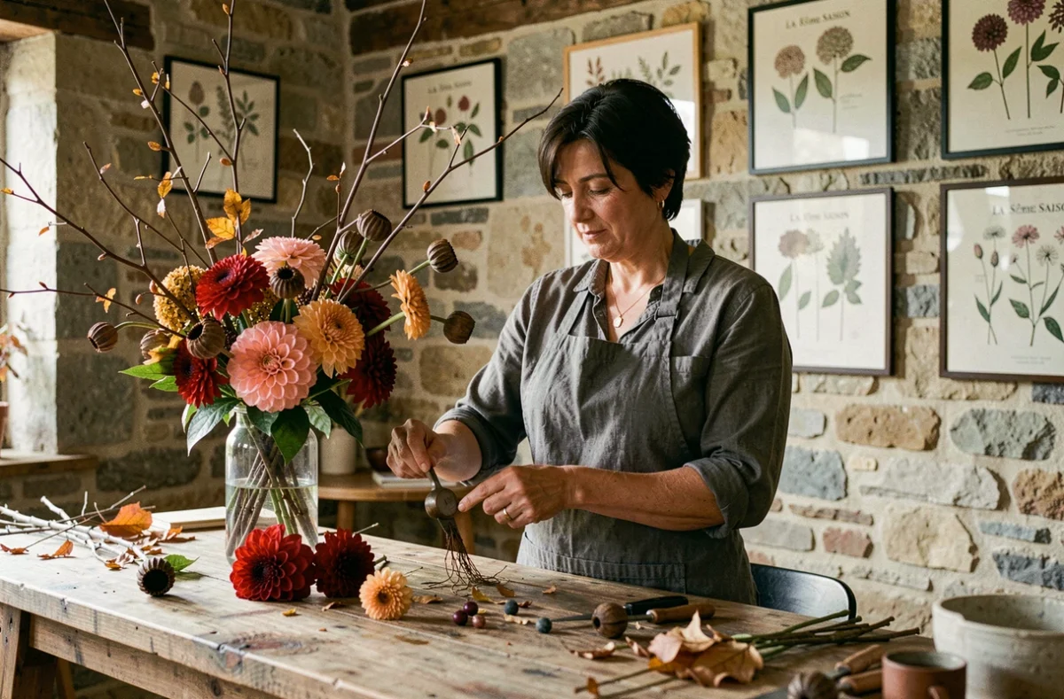 Fleuriste de La 5ème Saison créant un arrangement saisonnier avec dahlias et branches automnales