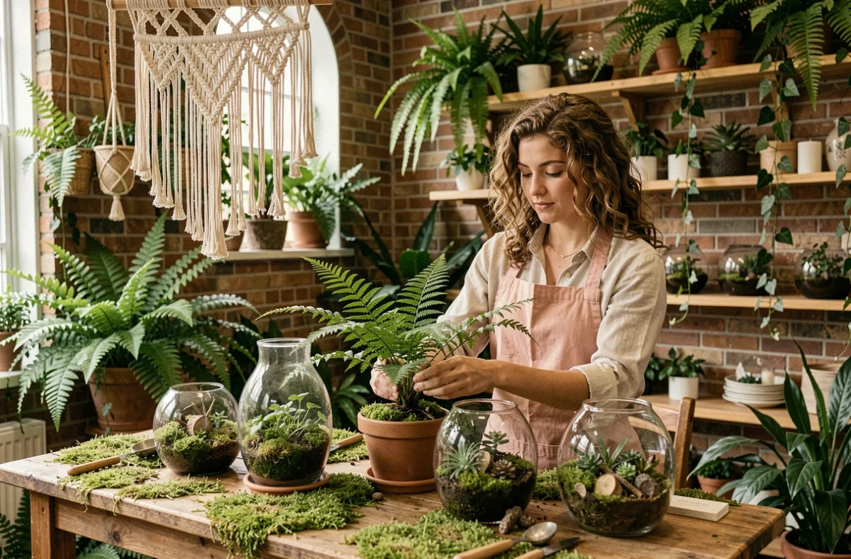 Fleuriste La Petite Fougère rempotant des fougères délicates dans une boutique végétale et cosy