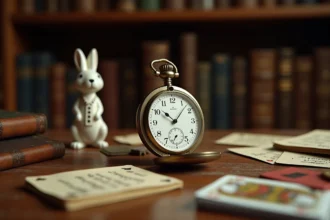 Montre de poche vintage ouverte sur un bureau en bois avec des cartes à jouer et une figurine de lapin blanc en costume, évoquant l'univers d'Alice au Pays des merveilles et la peur d'être en retard