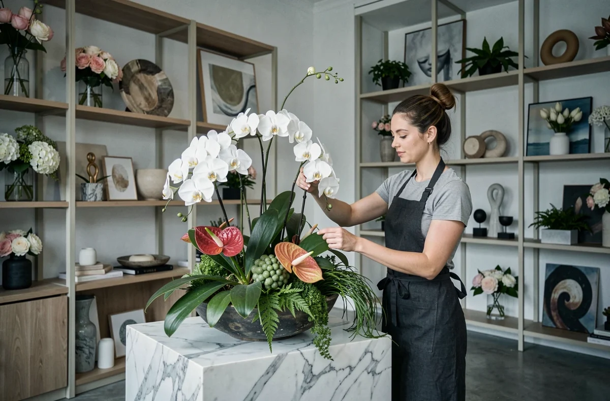 Fleuriste de L'Art Floral sculptant une installation florale artistique avec orchidées et verdure sculptée