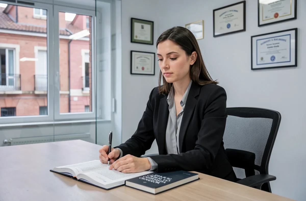 Laura Costes, avocate en droit pénal à Toulouse, prenant des notes depuis un manuel juridique dans son bureau