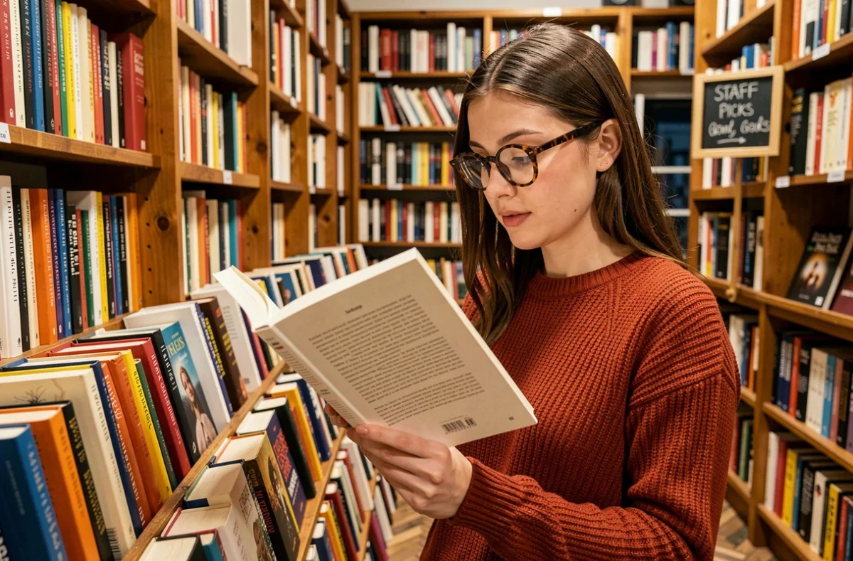 Jeune femme lisant la quatrième de couverture d'un livre dans une librairie indépendante aux étagères chargées
