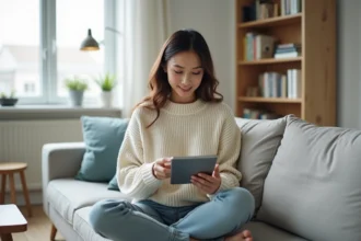 Jeune femme lisant un manga en ligne sur tablette confortablement installée dans son salon moderne