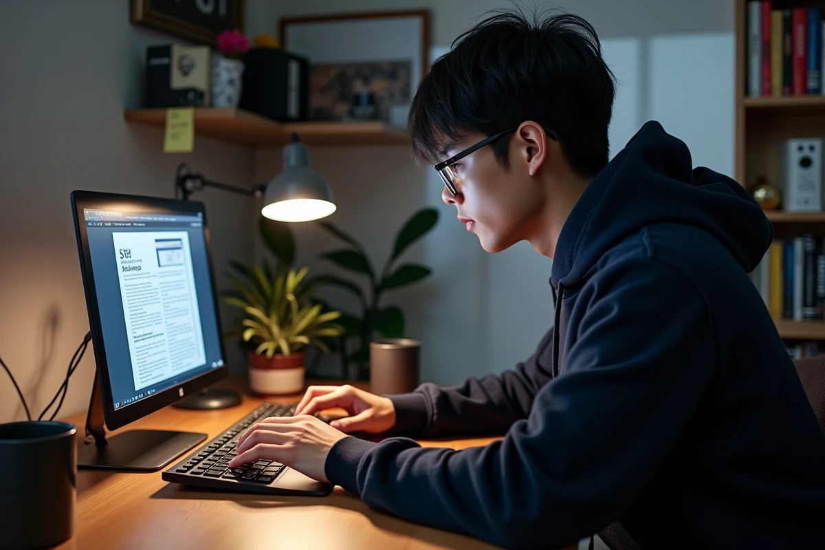 Homme passionné de manga lisant sur ordinateur portable dans un bureau dédié à la lecture numérique