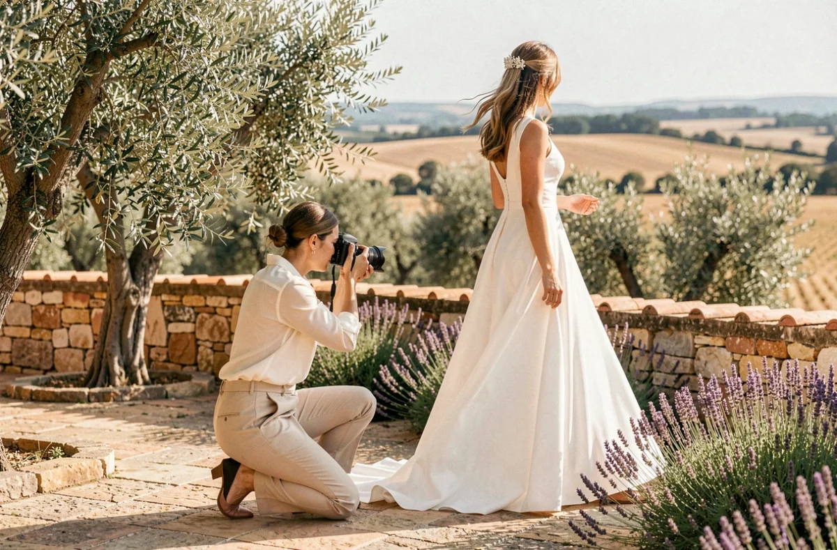 Photographe de mariage féminine photographiant une mariée sur une terrasse en pierre d'un mas du Gard