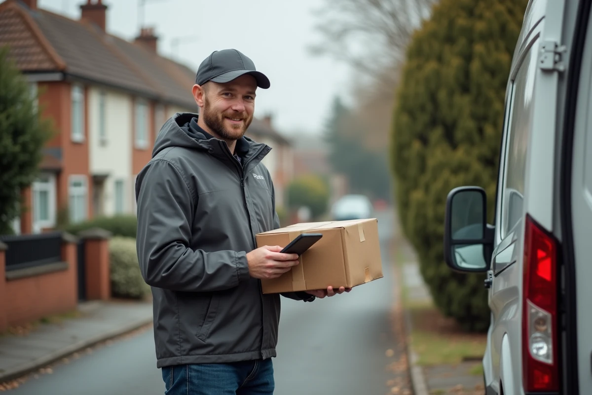 Livreur dehors scannant un colis près de sa camionnette