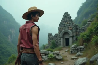 Cosplayeur habillé en Luffy de One Piece dans un paysage de ruines montagneuses évoquant l'aventure et l'héritage familial