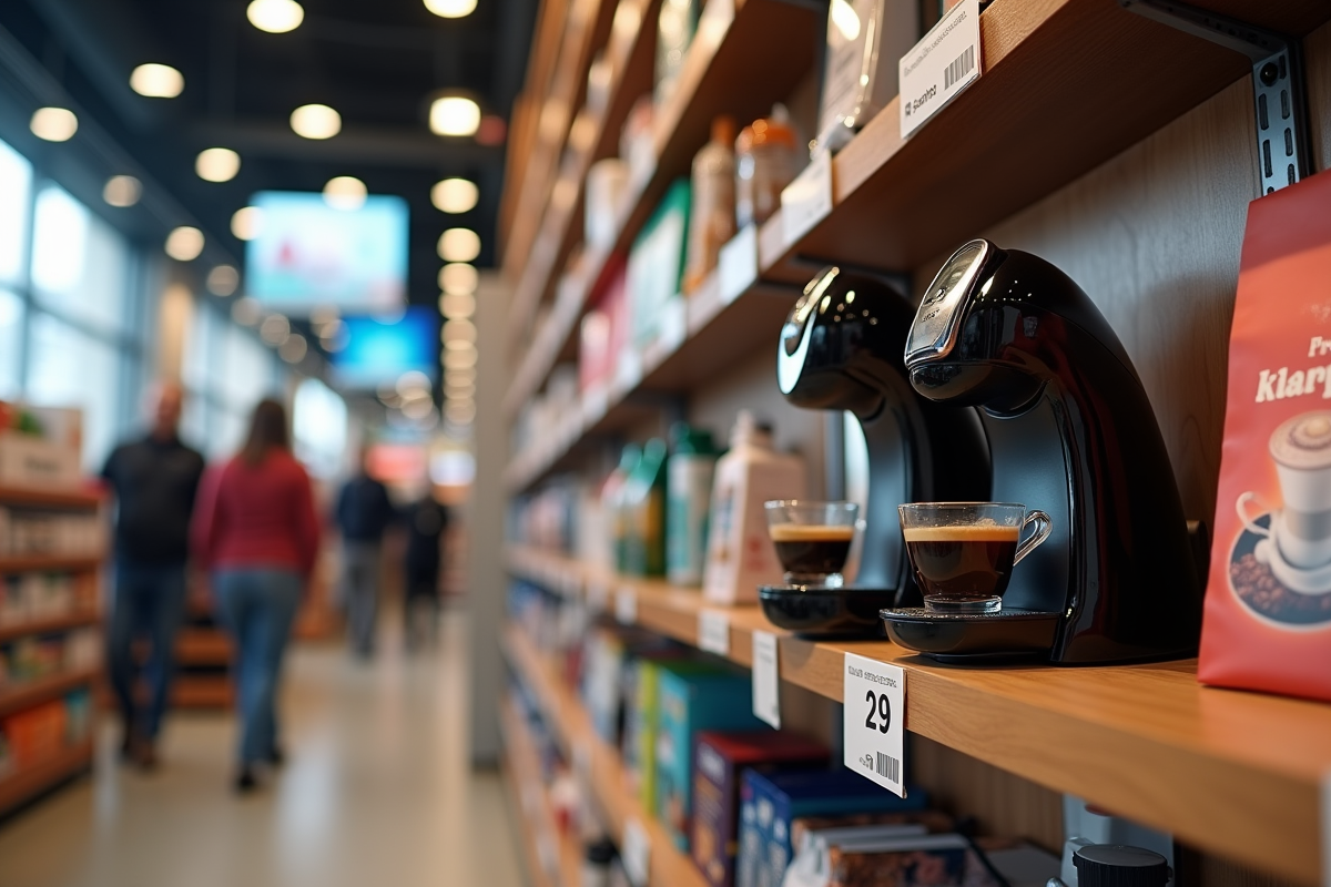 Machine Senseo en rayon avec étiquettes et clients en arrière-plan
