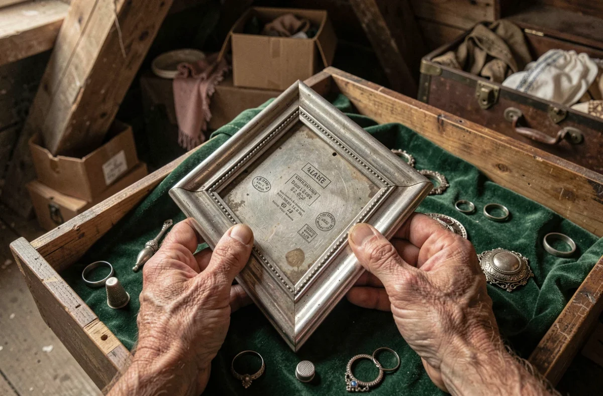 Mains tenant un cadre en argent ancien révélant des poinçons cachés dans un tiroir de grenier