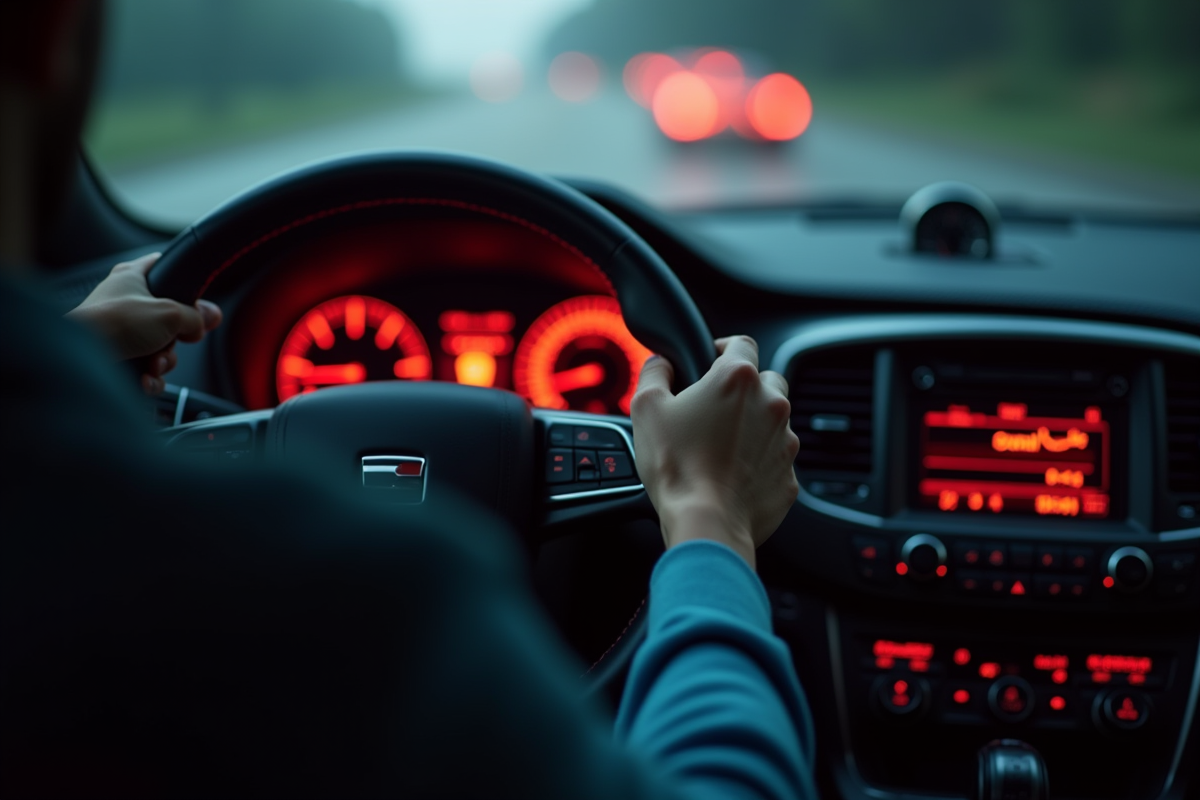 Mains du conducteur sur le volant avec voyants lumineux en arrière-plan