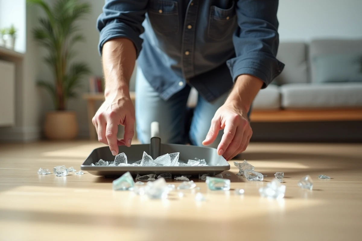 Mains d'un homme ramassant des éclats de verre blanc cassé avec une pelle à poussière sur parquet