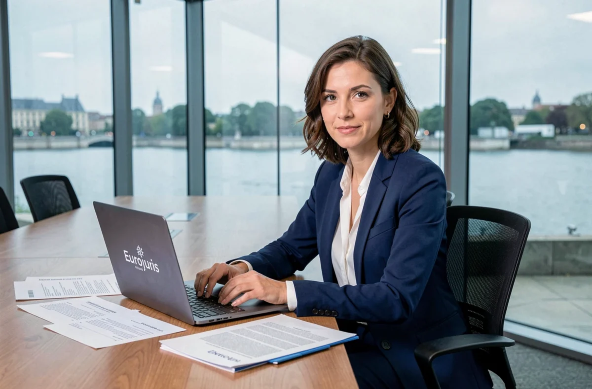 Maître Caroline Horny, avocate du réseau Eurojuris à Toulouse, en réunion avec des documents multilingues et un ordinateur portable