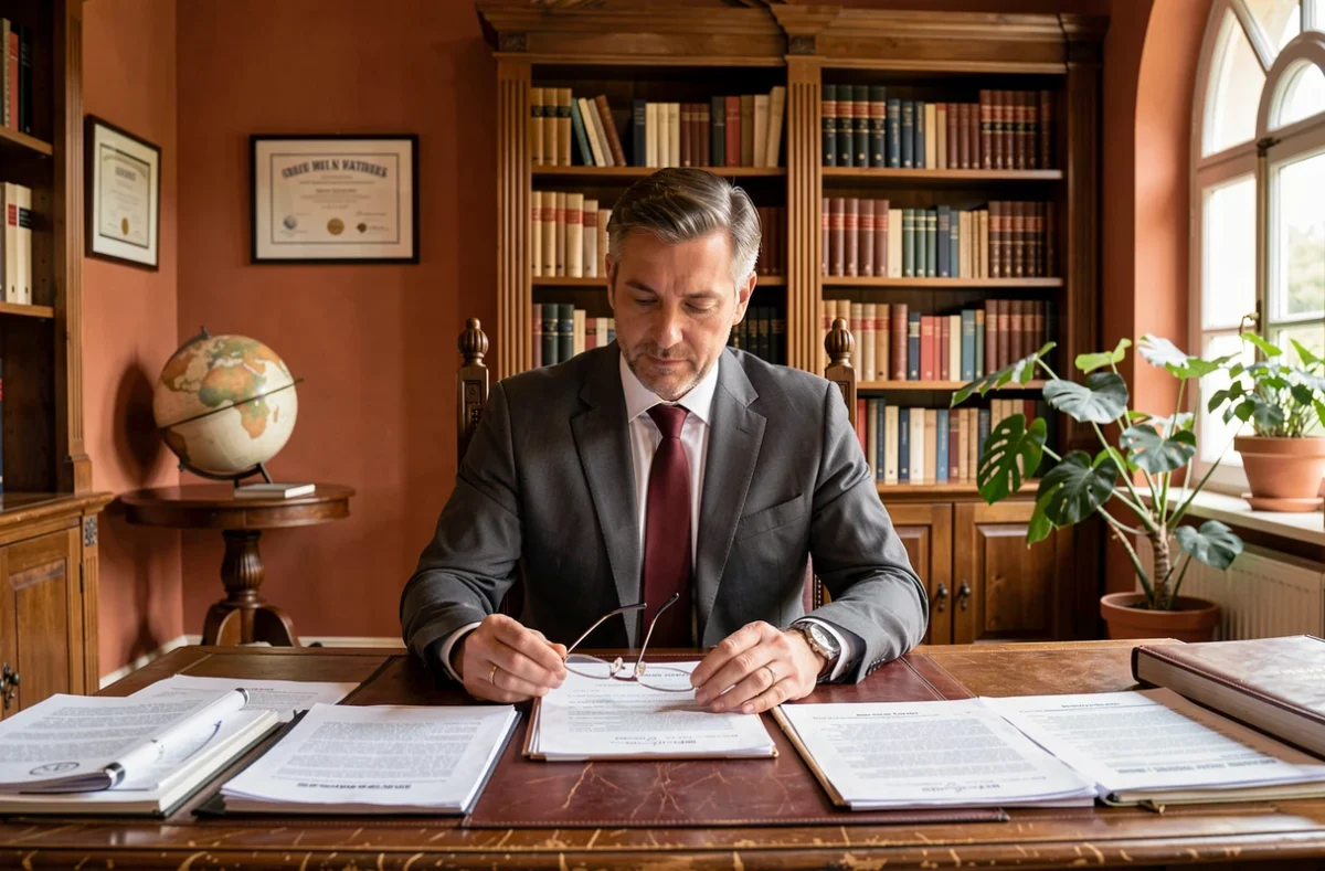 Maître Elfried Dupuy-Chabin, avocat généraliste à Toulouse, assis à son bureau avec des dossiers juridiques variés