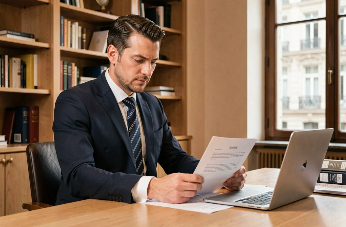 Maître Gabriel Robin, avocat en droit du travail à Toulouse, consultant un document juridique dans son cabinet
