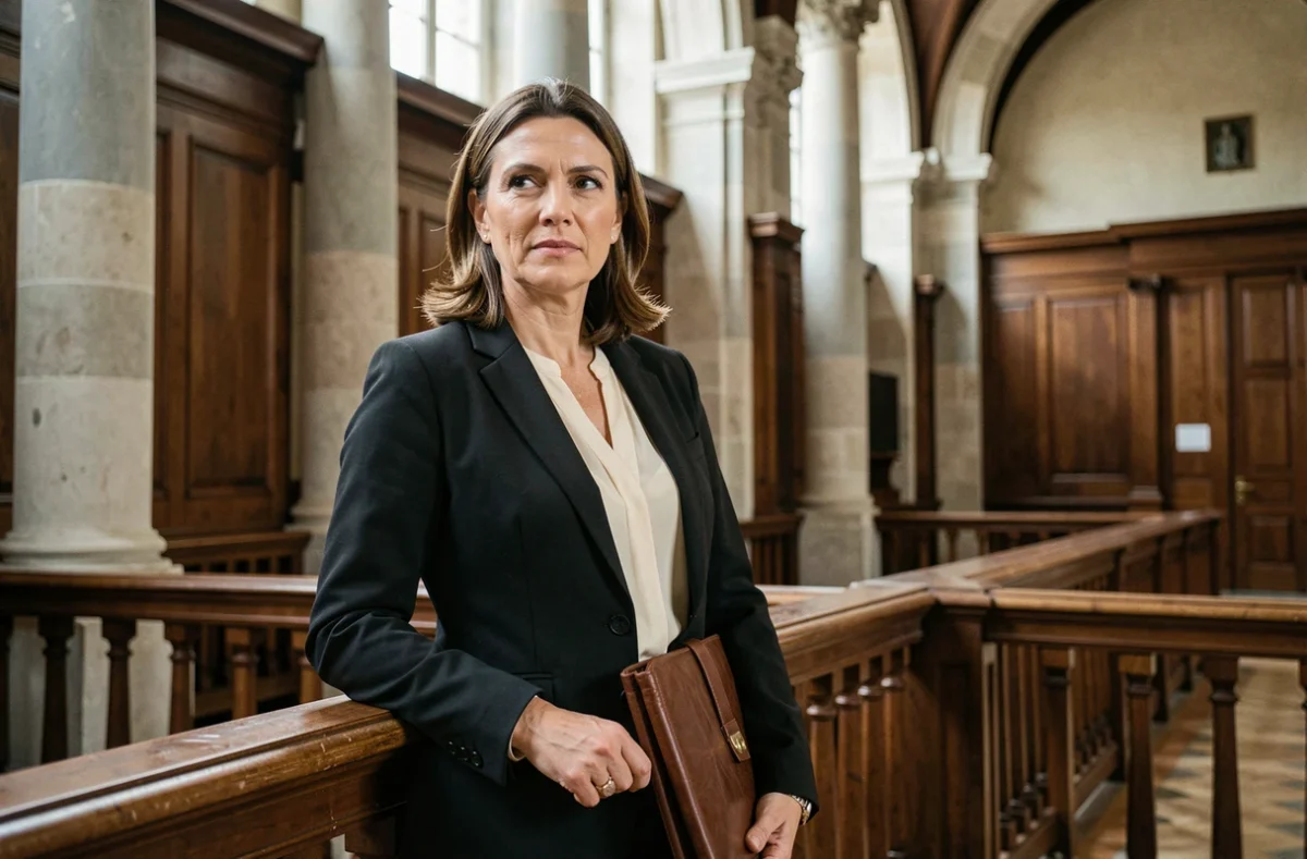 Maître Séverine Bouchaib, avocate pénaliste à Toulouse, debout dans une salle d'audience avec son porte-documents