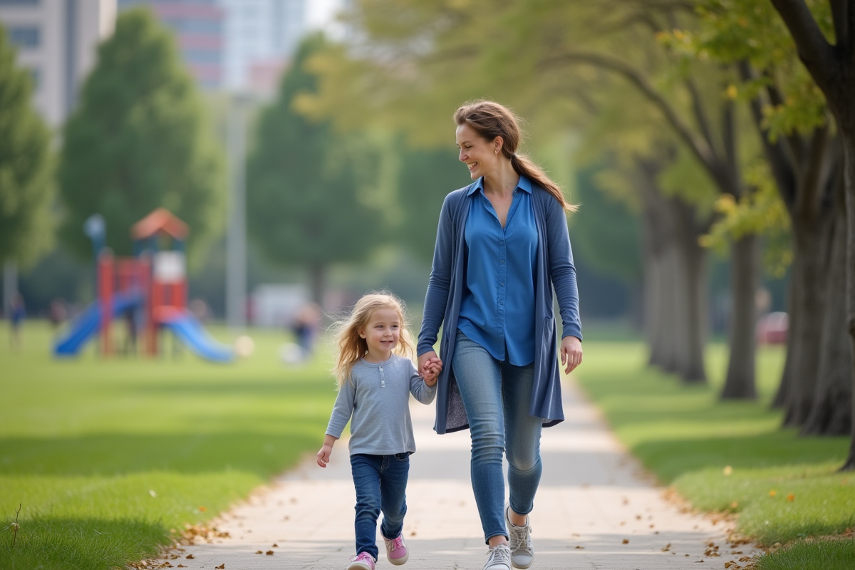 Maman et sa fille dans un parc en promenade ensoleillee