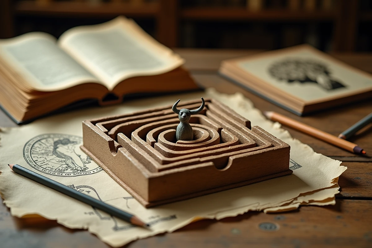 Maquette miniature d'un labyrinthe posée sur un bureau de chercheur entouré de livres de mythologie, symbolisant l'étude des peurs et des archétypes anciens