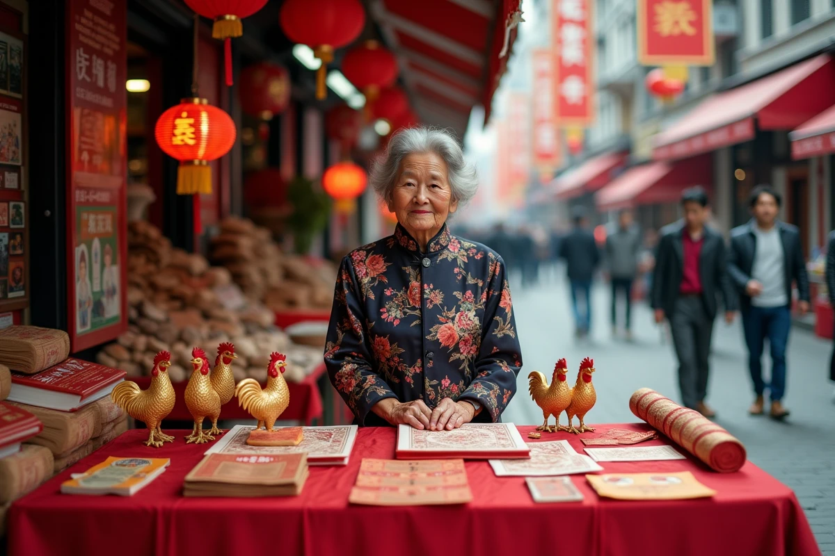 Étal de marché en quartier chinois présentant des almanachs astrologiques et des figurines de coq dorées pour 2026